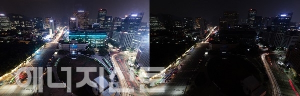 ▲ 소등 퍼포먼스 전(왼쪽)과 후의 서울광장 모습.