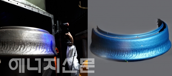 ▲ 3D 스캐닝비파괴검사기법으로부품 형상변형을 측정하는 모습(왼쪽)과 스캐닝된 발전부품 형상변형 측정 사진(오른쪽)
