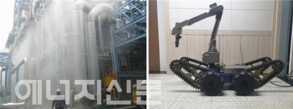 ▲ 워터커튼 원격동작시스템(왼쪽)과 폭발물 처리용 로봇(오른쪽)