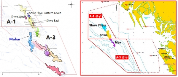 ▲ 마하(Mahar) 유망구조가 있는 A-3 광구 확대 지도(왼쪽), 미얀마 서부 해상 광구 지도.