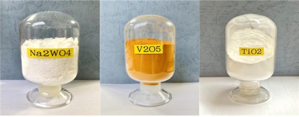 ▲ 탈질 폐촉매로부터 유가금속(텅스텐, 바나듐, 티타늄) 회수 공정기술. (사진 왼쪽부터 텅스텐산나트륨(Na2WO4)과, 오산화바나듐(V2O5), 이산화티타늄(TiO2)).