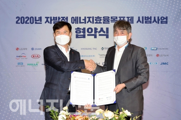▲ 김창섭 한국에너지공단 이사장(오른쪽)과 박영수 LG이노텍 안전환경담당이 협약식 후 기념촬영을 하고 있다.