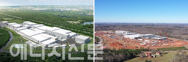 ▲ 배터리 소송 합의로 미국 내 공장 건설에 속도가 붙게 됐다. 사진은 美 조지아州 내 SK이노베이션 전기차 배터리 제1 공장 조감도(왼쪽)와 건설 현장.