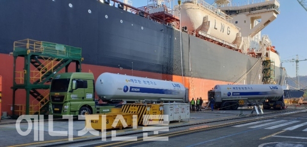 ▲ 한국가스공사 관계자가 선박에 LNG 벙커링을 공급하고 있다.