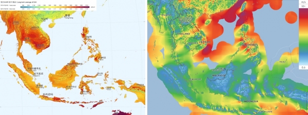 ▲ 그림2) 동남아시아의 평균 일조량(왼쪽)과 평균 풍속(오른쪽) [출처: Solargis, Global Wind Atlas]