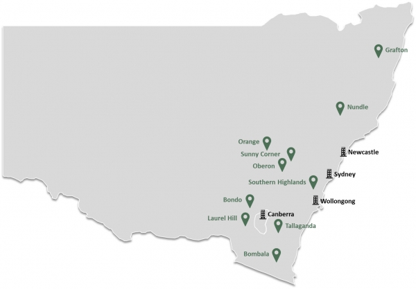 ▲ 뉴사우스웨일즈주 산림공사가 재생에너지 생산 가능 지역으로 분류한 플랜테이션 부지 10곳.