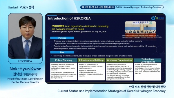 ▲ 권낙현 H2KOREA 대외협력센터장이 제1회 한-영 수소산업 협력 세미나에서 한국의 수소경제 정책에 대해 설명했다.