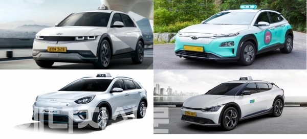 ▲ 현대자동차와 기아는 택시로 활용할 수 있는 다양한 차종을 선보일 계획이다. 사진은 전기택시 모델로, 왼쪽부터 아이오닉5, 코나EV, 신형 니로, EV6 순.