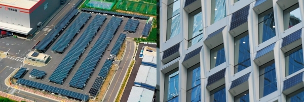 ▲ 한화큐셀 진천공장 주차장(왼쪽)과 장교동 한화빌딩(오른쪽)에 설치된 태양광 발전.