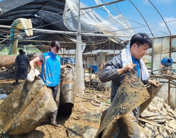 ▲ 한국가스기술공사 직원들이 수해 잔해물 등을 정리하고 있다.