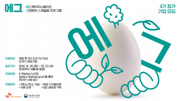 ▲ SK이노베이션 환경 스타트업 진흥 프로그램 ‘에그’ 4기 참가 기업 모집 포스터.