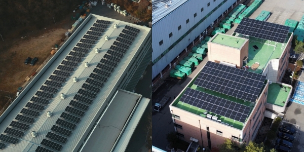 ▲ 한샘 1공장(왼쪽)과 삼화제지 청주공장 지붕에 설치된 태양광 발전시설.