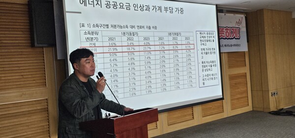 ▲ 구준모 에너지노동사회네트워크 기획실장이 '가스공사 미수금 발생의 구조 및 해결방안'을 발표하고 있다.
