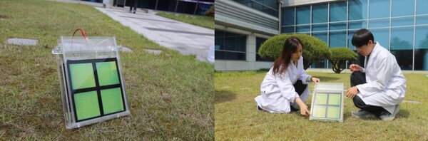 ▲ 초대형 광전극 시스템(좌)과 자연태양광에서의 실험(우).