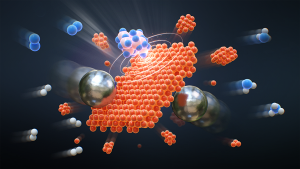 ▲ 쇠구슬 충돌에 의해 철 촉매 표면에서 질소와 수소가 반응해 암모니아가 생성되는 과정.