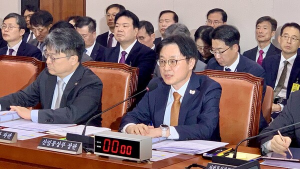 ▲ 김정관 산업통상부 장관이 산자위원회 종합감사에서 국회의원 질의에 대답하고 있다. 