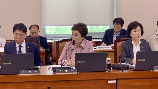 ▲ 이언주 더불어민주당 최고위원이 24일 국회 산업통상자원중소벤처기업위원회 종합 국정감사에서 질의하고 있다.