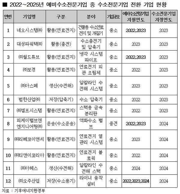 ▲ 2022∼2025년 예비수소전문기업 중 수소전문기업 전환 기업 현황.