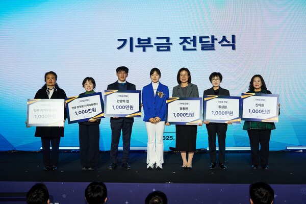 ▲삼천리 스포츠단 소속 유현조 프로는 16일 6개 아동양육시설에 각 1000만원씩 총 6000만원의 기부금을 전달했다.