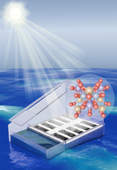 ▲ 태양광 담수화 모식도. 햇빛으로 달궈진 증발기가 바닷물을 수증기로 만들면, 수증기가 경사진 유리창 표면에 응축돼, 물방물이 경사면을 타고 흘러 한 군데 모인다.