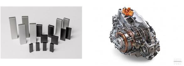 ▲ 정부가 소부장 협력 모델을 신설, 생태계 경쟁력을 강화한다는 방침이다. 사진은 네오디뮴(Nd)계 희토류 영구자석(왼쪽)과 전기차 구동모터.