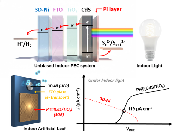 ▲ UNIST 연구팀이 개발한 실내조명용 수소 생산 인공 나뭇잎의 구조와 성능.