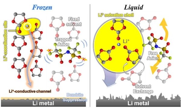 ▲ 얼음 전해질의 이온 전달 경로와 수지상 억제 효과.