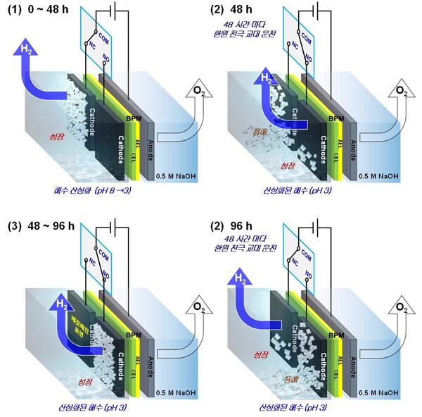 ▲ 환원전극 표면에 형성된 무기침전물의 자가 제거(Self-cleaning)를 가능하게 하는 듀얼 환원전극의 교대 운전 개략도.