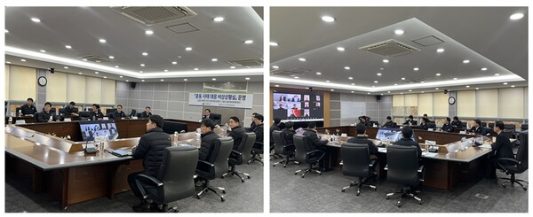 ▲ 최춘식 석유관리원 이사장이 본사 회의실에서 ‘중동 상황 관련 자체 대응 점검 회의’를 갖고 있는 모습.