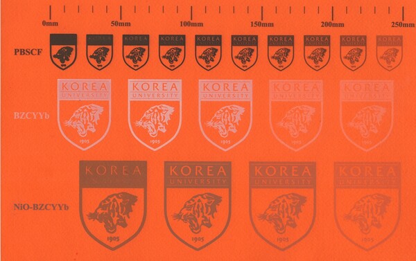 ▲ 프로톤 세라믹 전기화학 셀 구성 소재 및 잉크 농도 조건별 잉크젯 프린팅 샘플 이미지