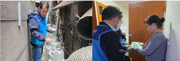 ▲ 전병일 가스안전공사 서울서부지사장(좌)이 남대문 인근 쪽방촌 일대 LPG용기에 대한 안전점검 및 사용요령이 기재된 전단지(우)를 나눠주고 있다.