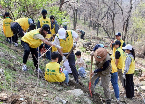 ▲ S-OIL 직원 가족들이 식목일을 맞이하여 4일 마포구 노을공원에서 나무심기 봉사활동을 하고 있다.