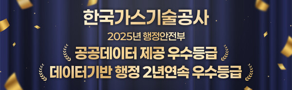▲ 한국가스기술공사가  ‘2025년 공공데이터 제공 평가 및 데이터기반행정 평가’에서 각 평가별 ‘우수’ 등급을 달성했다.