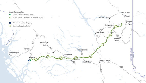 ▲ 670km 코스털 가스링크(Coastal GasLink, CGL) 파이프라인 노선도