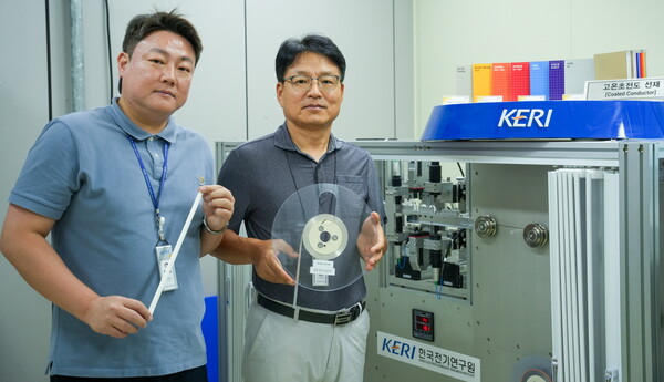 ▲박인성·하홍수 박사(왼쪽부터)가 고온초전도 선재를 들고 3D 비접촉 초정밀 검사 장비 옆에서 포즈를 취하고 있다.