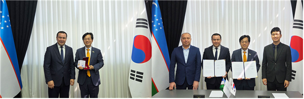 ▲ 천영길 KCL 원장(좌)이 우즈베키스탄 경제 발전에 기여한 공로로 대통령 훈장을 받은 후의 모습과 ‘재생에너지 설비 국제공인시험기관 구축 공동 수행에 관한 협약’을 체결하고 기념 촬영을 하는 모습.