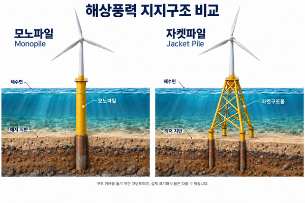 ▲해상풍력 지지구조 비교(생성형 AI로 만든 이미지)