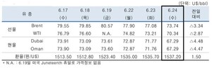 원유공급 우려 완화에 6월24일 국제유가 하락
